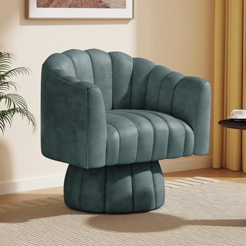 Dewhut Swivel Accent Chair, Barrel Accent Chair, Faux Leather, Navy | Faux leather Upholstered Round Arm Chair with 360° Swivel Base, Mid Century Modern Living Room Chair - color: Navy-faux Leather