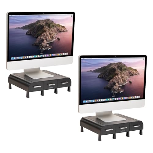 Mind Reader Monitor Stand, 3 Storage Drawers, Desktop Organizer, Riser, Office, 13.5"L x 13"W x 4"H, Set of 2, Black - size: 2 Pack