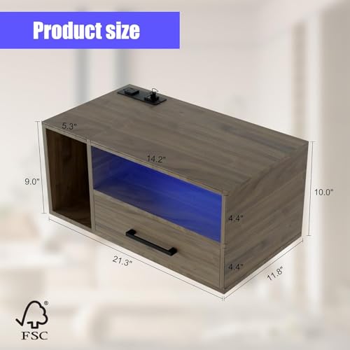Floating Nightstand with Lights, Grayish Brown | Floating Bedside Table with Drawers Wall Mounted Nightstands,for Bedroom Room, 21.3" x 11.8" x 10" - color: Grayish Brown