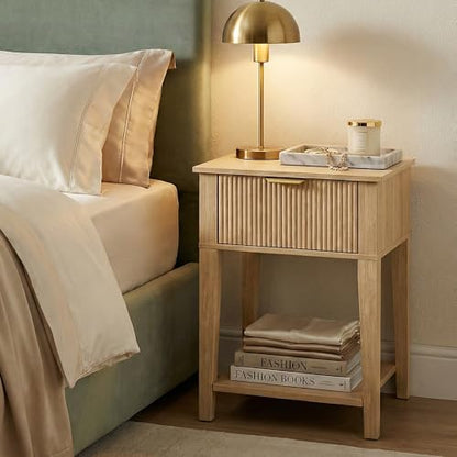 FuniXpress Small Nightstand, 15" Wide, Drawer and Shelf, Natural Oak Fluted | Light oak tone, clean fluted front, 11.8-inch slim depth, smart storage, fits bedside, sofa side, or small spaces - color: Natural Oak