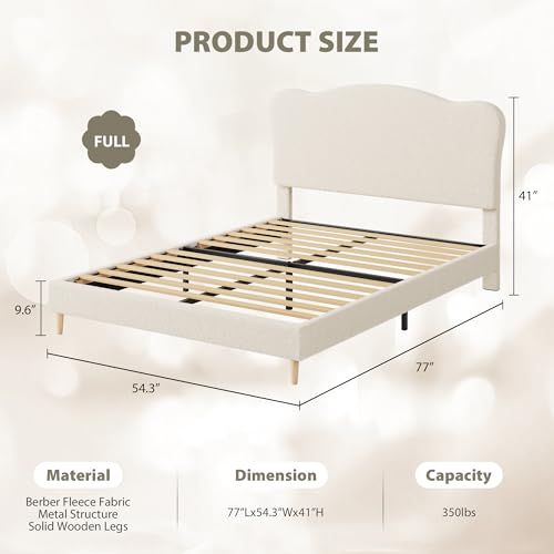 GarveeHome Upholstered Full Size Bed Frame for Kids, Girls, Boys, Beige | Adjustable Headboard, Sherpa Fleece, Sturdy Wood Slats, No Box Spring Needed, Easy Assembly - color: Beige, size: Full