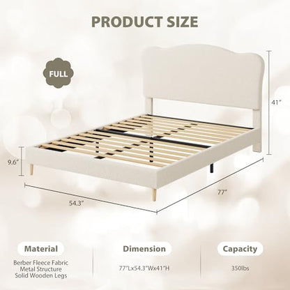 GarveeHome Upholstered Full Size Bed Frame for Kids, Girls, Boys, Beige | Adjustable Headboard, Sherpa Fleece, Sturdy Wood Slats, No Box Spring Needed, Easy Assembly - color: Beige, size: Full