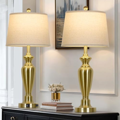 Cinyirong 30" Tall Gold Table Lamps Set of 2, Touch Control Bedside Lamp with USB A+C Ports and AC Outlet, 3-Way Dimmable Modern Metal Nightstand Lamp for Bedroom Living Room, 2 LED Bulbs Included - color: Gold (2 Pack)