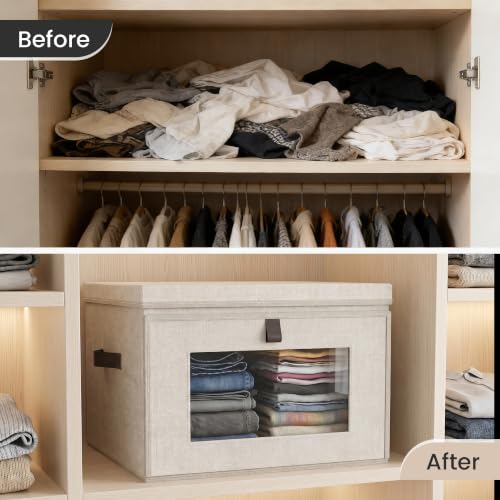 Magnetic Front Opening Fabric Storage Bins with Lids, 15x9.8x9.8in, 2Pack | Domsanistor Storage Box with Window for Closet, Shelf, Living Room,Beige - size: 15 Inch-2 Pack