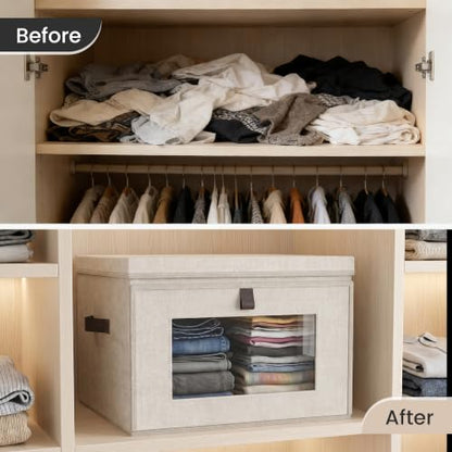 Magnetic Front Opening Fabric Storage Bins with Lids, 15x9.8x9.8in, 2Pack | Domsanistor Storage Box with Window for Closet, Shelf, Living Room,Beige - size: 15 Inch-2 Pack