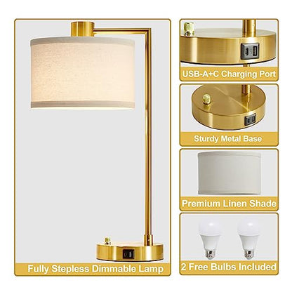Gold Table Lamp Set of 2, Dimmable Bedside Lamps for Night Stands, USB A+C | Nightstand Lamp with Linen Lampshade, 2 LED Bulbs Included,Desk Lamp for Bedroom, Living Room, End Table, Reading, Office - color: Gold