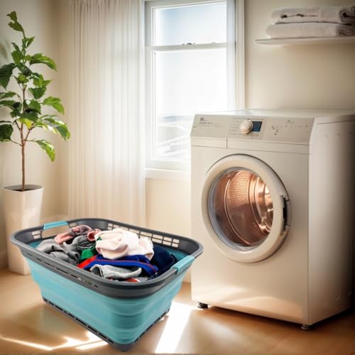 SAMMART 42L (11 Galloons) Collapsible Plastic Laundry Basket - Foldable Pop Up Storage Container/Organizer - Portable Washing Tub - Space Saving Hamper/Basket[BPA Free] (Grey/Crystal Blue (Set of 2)) - color: Grey/Crystal Blue (Set of 2)