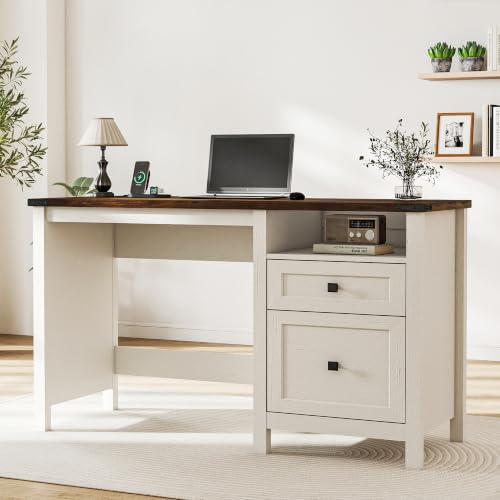Farmhouse Executive Desk with Charging Station, 45″ Home Office Computer Desk with Drawer & Open Shelf, Writing Desk for Small Space,Antique White - color: Antique White