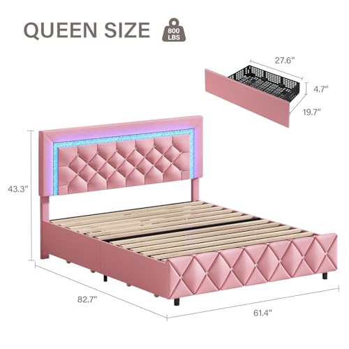 Queen Bed Frame with LED Lights, Upholstered Bed Frame with Storage Drawers | Princess Platform Bed with Diamond Headboard and Footboard, No Box Spring Needed, Pink - color: Pink, size: Queen