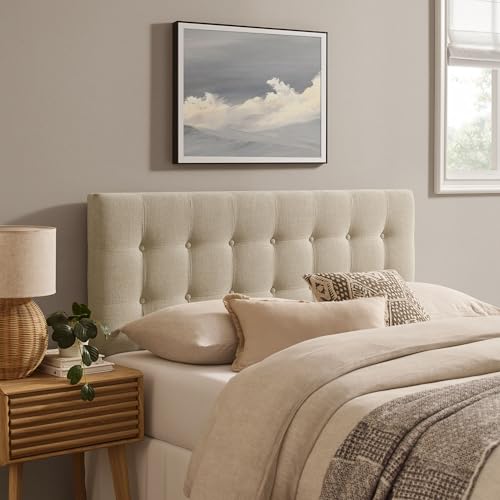 Modway Emily Full Size Performance Fabric Headboard in Ecru - Linen-Like Upholstery with Button Tufting and 7 Adjustable Height Positions - color: Ecru, size: Full