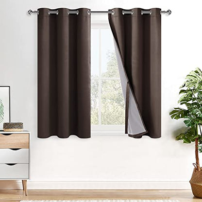 XWZO 100% Blackout Window Curtains - Thermal Insulated & Completely Room Darkening with Black Liner Window Treatment for Narrow Window, Tiebacks Included, Brown, W38 x L45, Set of 2 Panels - color: Brown, size: 38"W x 45"L (Pack of 2)