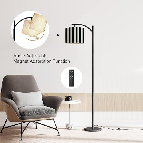 Modern Arc Floor Lamp with Dimmer Mid Century Striped Black White Metal Standing Lamp with Linen Shade Footswitch for Living Room Bedroom Office