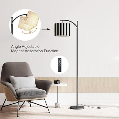 Modern Arc Floor Lamp with Dimmer Mid Century Striped Black White Metal Standing Lamp with Linen Shade Footswitch for Living Room Bedroom Office