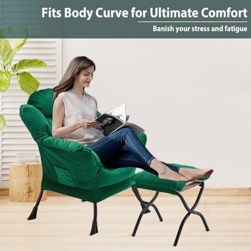 Youtanic Lazy Chair with Folding Ottoman, Accent Chair Velvet Upholstered with Metal Structure and Non-Slip Pads, Sofa Armchair with Footrest and Side Storage Bag for Dorm, Room, Office, Green - color: Green