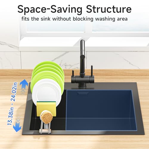 Expandable Over the Sink Plate Drying Rack with Dish Cloth Holder, Small Metal Dish Dryer Rack, Space-Saving Sink Drainer for Plates, Dish Rags, Sponges, Brushes, and Bottles (Silver)