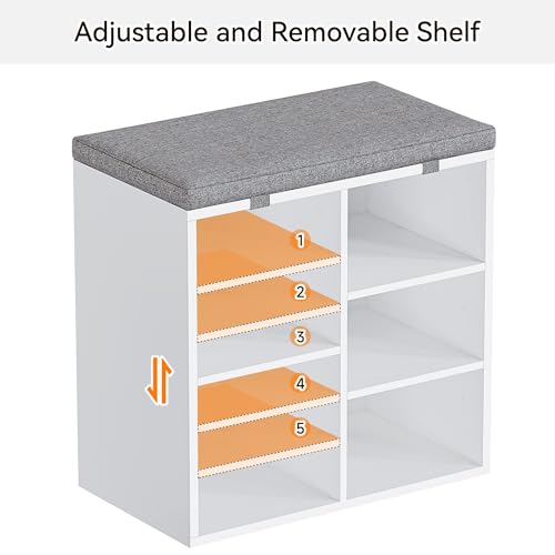 GarveeLife Shoe Storage Bench with Cushion, 3-Tier Adjustable Shelf Shoe Cabinet, Small Shoe Rack Bench for Hallway, Living Room, Bedroom and Closet(White, 20 Inches)