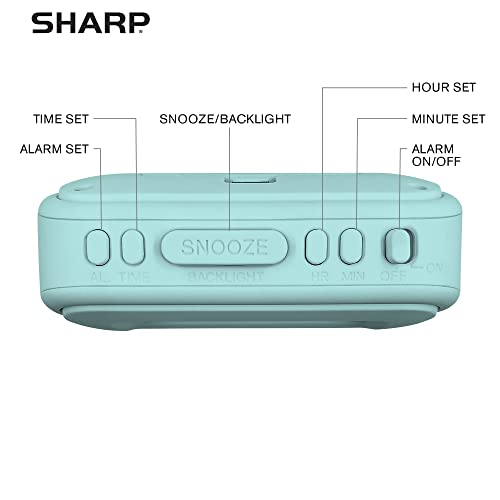 Sharp Battery Alarm Clock with Soft-Touch Case and Blue Backlight, Mint | Soft-touch rubberized case; Battery operated; Blue backlight on demand; Ascending alarm; Snooze; Easy to use - color: Mint