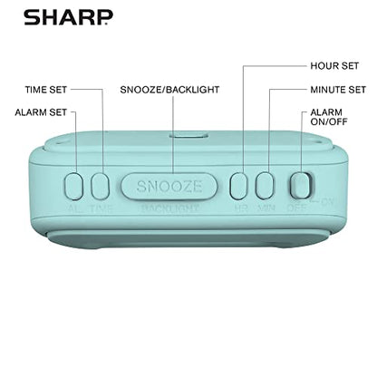 Sharp Battery Alarm Clock with Soft-Touch Case and Blue Backlight, Mint | Soft-touch rubberized case; Battery operated; Blue backlight on demand; Ascending alarm; Snooze; Easy to use - color: Mint