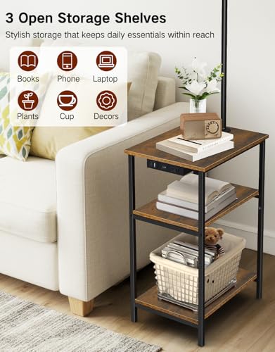 Floor Lamp with Table & Remote, Side End Table with Charging Station, Dimmable Nightstand with 3 Color Temperatures, 1-Hour Timer, 12W LED Bulb, for Living Room, Bedroom - color: Rustic Brown