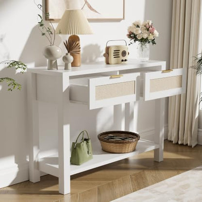 Boho Chic Console Table with 2 Rattan Drawers and Open Shelf Storage, Narrow Farmhouse Sofa Table for Small Space, Entryway, Hallway, Living Room,White - color: White