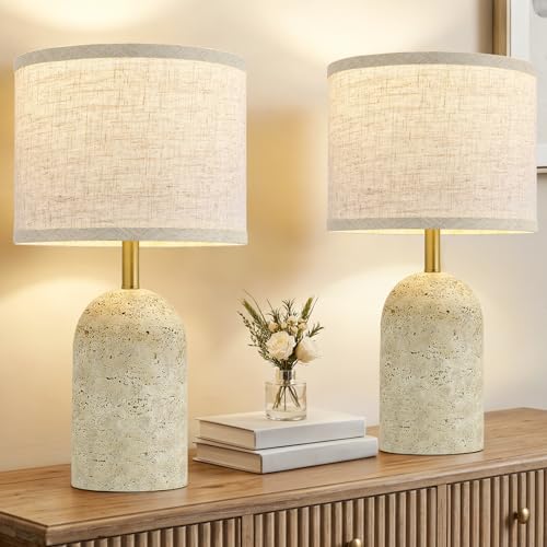 Table Lamps Set of 2, Stone-Like Resin Bedside Lamps for Living Room Bedroom, 18" Modern End Table Desk Lamp for Nightstand, Entryway, Home Office - color: Beige, size: 18"