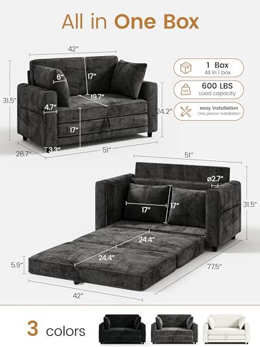 51" Loveseat Convertible Sofa Bed with Cup Holder, Small Couch 2 in 1 Pull Out Sleeper Couch, Floor Folding Couch Sofa with Two Pillows for Apartment, Living Room, Dorm (Grey) - color: Grey