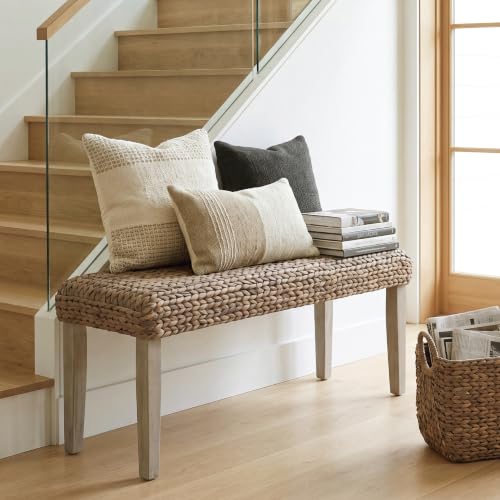 Solid Wood Acacia Indoor Bench, Natural Woven Water Hyacinth Seat, Grey Leg | Fishbone Style for Living Room or Entryway, Farmhouse Boho Coastal Bench - color: Fishbone - Grey Leg & Water Hyacinth