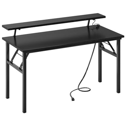 DlandHome 47" Computer Desk with Power Outlets & LED Lights, Black, Bedroom | Folding Desk with Monitor Stand, Writing Study Table Gaming Desk, Metal Frame, Fully Assembled, Home Office Small Spaces - color: Black + Black, size: 47 Inches + Outlets