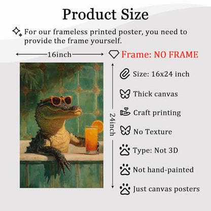 Funky Animals Wall Art Bathroom Humor Poster Animal in Bathtub Painting Aesthetic Cocktail Picture Crocodile Artwork Bathroom Drinking Pictures Funny Animal Green Poster for Restroom 16x24in Frameless - color: G3Unframed