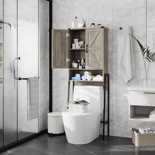 Vabches Over The Toilet Storage Cabinet with 2-Door Design Bathroom Organizers and Storage with Anti-Tip Device Over Toilet Organizer with Shelves for Bathroom,Restroom,Laundry Grey - color: Grey