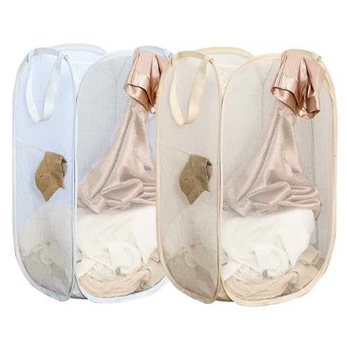 2Pcs Pop Up Hampers for Cruise, Folding Laundry Basket Space Saving Design, Dirty Clothes Hamper for Bedroom, Hotel, RV, Travel (White+Beige) - color: White+Beige