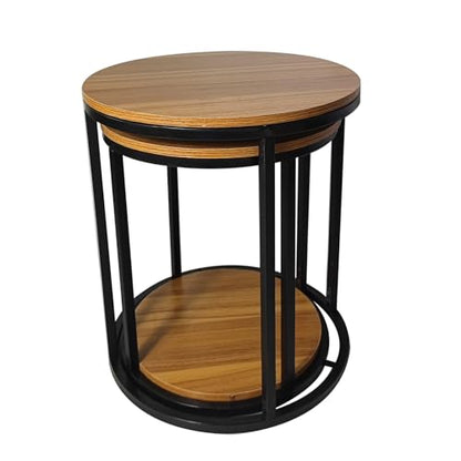 Penau Contemporary Nesting Side Tables, Metal Frame with Natural Solid Wood Tops, Space Saving Stackable Design, Set of 2, 15.5 x 15.5 x 17.5 Inchs, Black and Natural