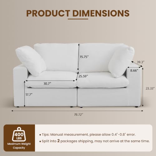 79" Cloud Modular Sofa, Convertible Modular Loveseat Couch, Cotton Linen Fabric Sofa for Living Room, Apartment and Bedroom, Removable Covers, 2 Pillows, White - color: White, size: 2-Seater