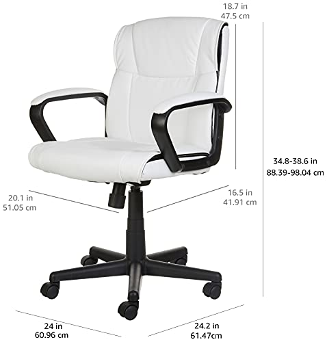Amazon Basics Office Task Chair with Adjustable Height, 360° Swivel, Padded Armrests, Mid-Back, 275 Pound Capacity, BIFMA Certified, 24.2"D x 24"W x 38.6"H, White Faux Leather - color: White