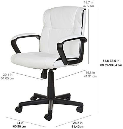 Amazon Basics Office Task Chair with Adjustable Height, 360° Swivel, Padded Armrests, Mid-Back, 275 Pound Capacity, BIFMA Certified, 24.2"D x 24"W x 38.6"H, White Faux Leather - color: White