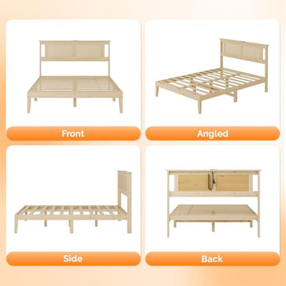 VINGLI Bed Frame Full Size with Rattan Headboard,Boho Platform Bed with Underbed Storage and Charging Ports for Bedroom,Solid Wooden Slats Surpport,Noise-Free,Natural - size: Full