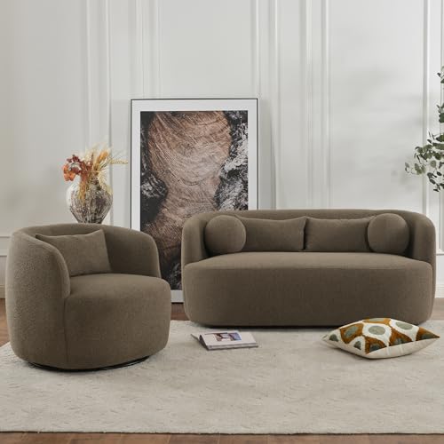 KINWELL 68" Boucle Upholstered Loveseat with 4 Toss Pillows, Teddy Brown | No Assembly Deeper 2-Seater Sherpa Couch Settee Love Seat Sofa with 3 Height Options for Small Spaces Apartment Living Room - color: Teddy Brown, size: Loveseat