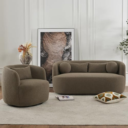 KINWELL 68" Boucle Upholstered Loveseat with 4 Toss Pillows, Teddy Brown | No Assembly Deeper 2-Seater Sherpa Couch Settee Love Seat Sofa with 3 Height Options for Small Spaces Apartment Living Room - color: Teddy Brown, size: Loveseat