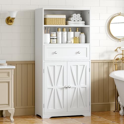 VECELO Bathroom Floor Storage Cabinet with Drawer, Freestanding Storage Unit with Adjustable Shelves, Open Compartments, for Bathroom, Living Room, Kitchen, White