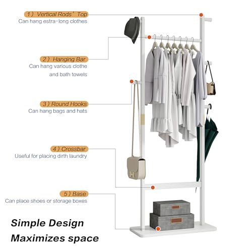 Solid Wood Coat Rack Freestanding, 71" Heavy Duty Clothes Rack with Dual Rods & Hooks, Stable Space Saving Hall Tree Entryway Organizer for Bedroom, Living Room (White) - color: White