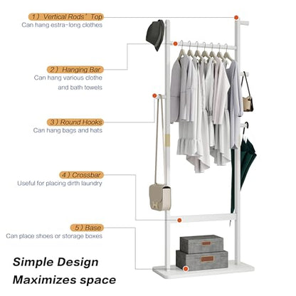 Solid Wood Coat Rack Freestanding, 71" Heavy Duty Clothes Rack with Dual Rods & Hooks, Stable Space Saving Hall Tree Entryway Organizer for Bedroom, Living Room (White) - color: White