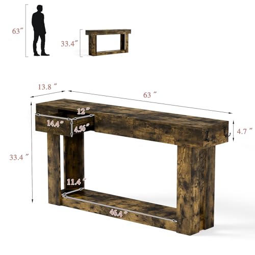 63'' Console Table with 3 Drawers and Open Storage, Entryway Table with Socket, LED Light and Hooks, Narrow Long Wood Sofa Table Behind Couch Table for Living Room, Hallway, Foyer, Brown - size: 63'' IN