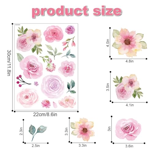 Floral Wall Decals Peel and Stick | 60PCS Watercolor Peony Flower & Leaves Stickers | Removable Vinyl Wall Art for Girls Bedroom, Nursery, Living Room | Pastel Home Decor - color: Watercolor Floral