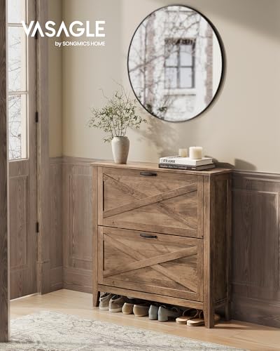 VASAGLE Farmhouse Shoe Cabinet, Narrow Storage Organizer, 2 Flip Drawers | Shoe Storage Organizer, Fits 16 Pairs, 34.3 x 9.5 x 34.6 in, Honey Brown, LIRY Collection UHSC201K01 - color: Honey Brown, size: 9.4"D x 34.3"W x 34.6"H, style: 2 Flip Drawers