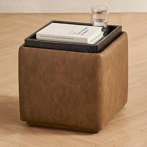 mopio Levi Storage Ottoman with Reversible Tray, Modern Square Chest Coffee Table, Upholstered Cube Sitting Foot Stools Ottoman for Living Room, Bedroom, Entryway (Faux Leather, Pecan Brown) - color: Brown Pu Leather, Cube