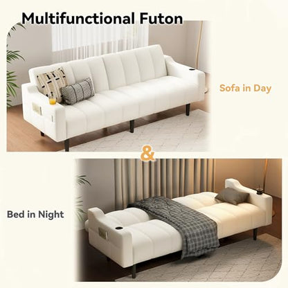 80'' Futon Sofa Bed,Faux Leather Futon Sleeper Sofa, Convertible Loveseat with Adjustable Sofa Backrest,Modern Couches for Living Room, Bedroom, Apartment, Office (Beige) - color: Faux Leather Beige