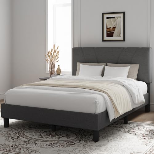 Novilla Full Bed Frame Upholstered Platform Full Size Bed Frame with Adjustable Headboard, Strong Weight Capacity, No Box Spring Needed, Easy Assembly, Grey - color: Grey, size: Full