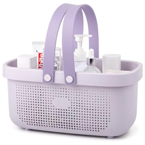 Portable Shower Caddy Basket with Handles Plastic Storage Basket ‌Purple | Sturdy Drainage Large Capacity Organizer Basket with Silicone Handles for Bathroom Kitchen Bedroom College Dorm Essentials - color: Purple, size: Large