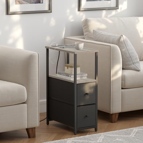 TUTOTAK Narrow End Table with Charging Station, Skinny Side Table | Bedside Table with Outlets, Nightstand with 2 Cloth Drawers, Couch Table for Living Room, Bedroom, Greige TB01BG055 - color: Greige, style: 2 Drawers & Plug