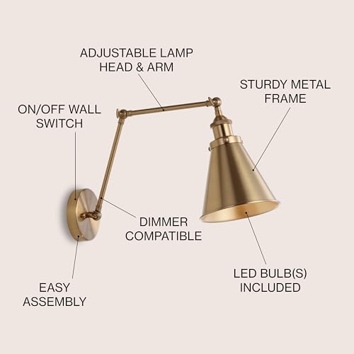 JONATHAN Y Rover 1-Light Wall Sconce 7", Brass Gold | Adjustable Arm, Hardwired Bedside Reading Swing Arm, Farmhouse Cone Shade, Metal Hardwired Indoor Fixture, LED Bulbs Included - color: Brass Gold, size: Set of 1
